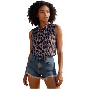 NWT Wildfang ‘The Empower’ Plisse Floral Sleeveless Button Up Print Shirt Size L